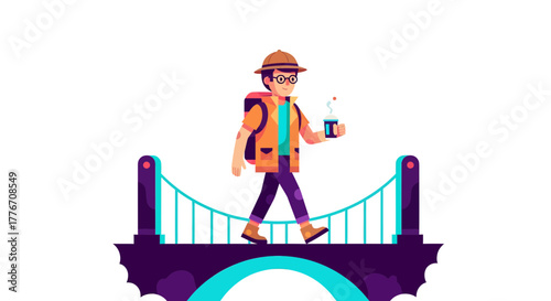 Adventurer Walking Across A Suspension Bridge, Enjoying Coffee, Isolated On White Background