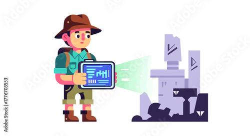 Adventurer Using Futuristic Technology To Analyze Ancient Ruins and Geographical Landmarks