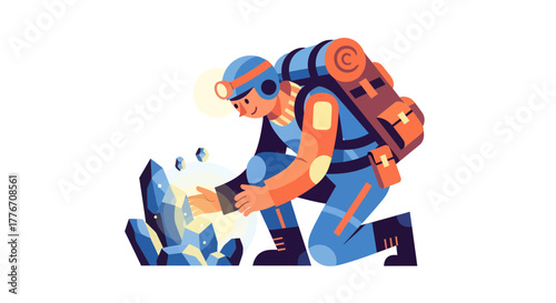 Adventurous Explorer Discovering Crystal Treasure in a Vector Illustration Setting