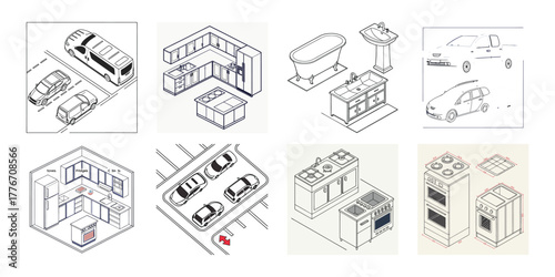 Isometric vehicles kitchen bathroom appliances cars
