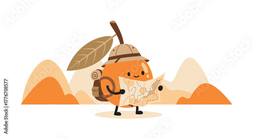 Adventurous Fruit Character Exploring the Landscape With a Detailed Hand Drawn Map