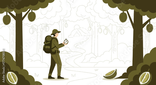 Adventurous Explorer Navigating Jungle Path, Seeking Durian Fruit in Dense Forest, Using Compass