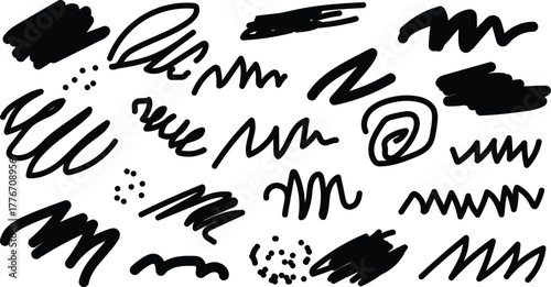 Abstract black ink scribble strokes and dots on white background