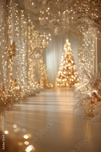 Bajkowa ścieżka otoczona kurtyną gęstych, złotych lampek i rozmytych świateł bokeh. W tle lśniąca choinka. Elegancki, świąteczny tunel świetlny.
