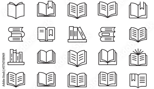 Open book and learning icon set — minimalist line illustrations for education, reading, and literary design themes