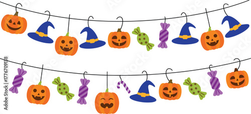 Halloween hanging decorations vector, festive garlands with jack-o'-lanterns, witch hats, candies, and candy cane for party, banner, or seasonal design