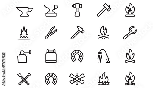 Blacksmith tools icon collection — minimalist vector line illustrations of hammer, forge, and anvil for industrial and craft projects