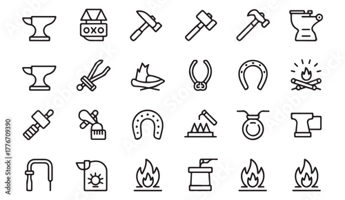 Metalwork and blacksmith vector icons — modern line art illustrations of anvil, tongs, and horseshoe for craft and workshop design