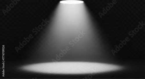 A bright spotlight illuminates an area against a deep black background, creating a captivating visual effect, perfect for various design concepts.  vector illustration