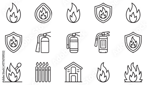 Fire protection and prevention vector icons — modern line art set featuring flames, extinguishers, and shields for safety projects