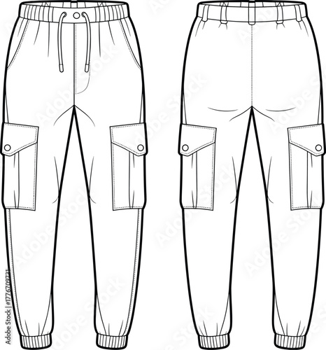 Technical fashion flat sketch of cargo jogger pants, front and back view, elastic waistband, drawstring, flap pockets, seam construction details