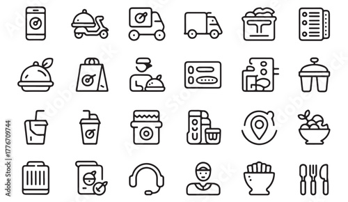 Modern delivery and takeaway vector icons — meal, drink, and packaging outline illustrations for food business and app UI projects
