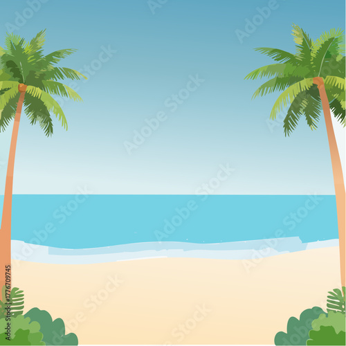 Tropical beach scene - idyllic location in nature with palm trees, blue sky, ocean water and a sandy shore
