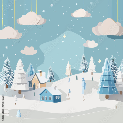 Snowy winter landscape with hills, trees, and snowflakes falling from the cloudy sky