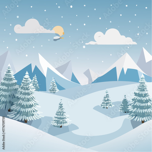 Snowy winter landscape with hills, trees, and snowflakes falling from the cloudy sky