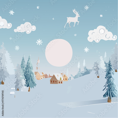 Snowy winter landscape with hills, trees, and snowflakes falling from the cloudy sky