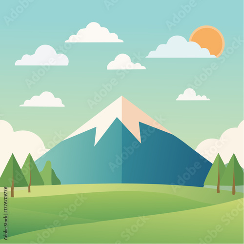 Mountain in the natural landscape with rolling hills and trees - cloudy sunny day in the sky