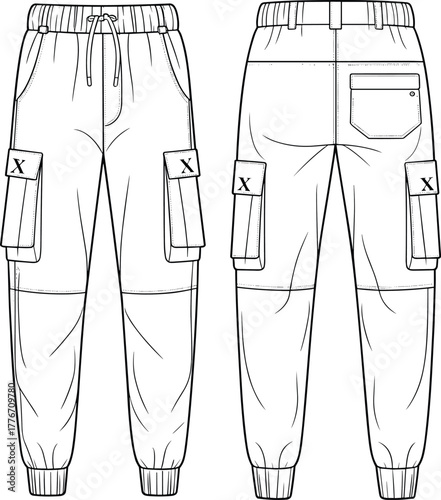 Technical fashion flat sketch of cargo jogger pants, front and back view, elastic waistband, drawstring, flap pockets, seam details, garment design