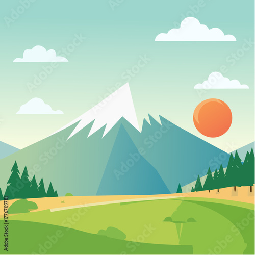 Mountain in the natural landscape with rolling hills and trees - cloudy sunny day in the sky