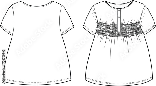 Technical fashion flat sketch of short sleeve tunic dress, front and back view, smocked chest detail, button placket, round neckline