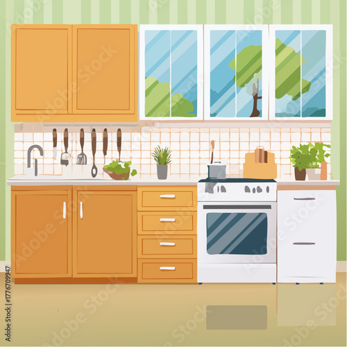 Modern kitchen interior with kitchen appliances and kitchen counter