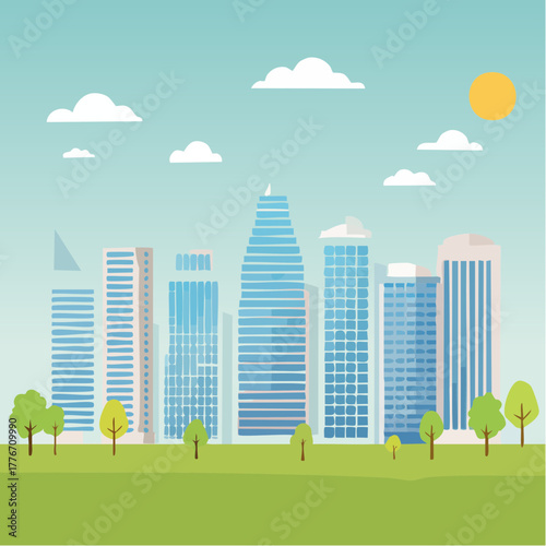 City downtown with park and skyscrapers