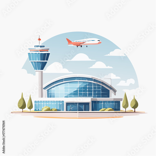 vector illustration of airport with an airplane flying overhead for travel flight bookings
