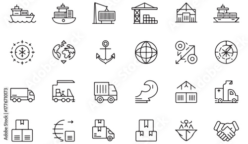 Modern shipping and cargo icon set — minimalist vector illustrations of trucks, containers, and ports for logistics and business use