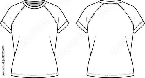 Technical fashion flat sketch of women raglan sleeve t-shirt, front and back view, short sleeves, crew neckline, casual apparel design