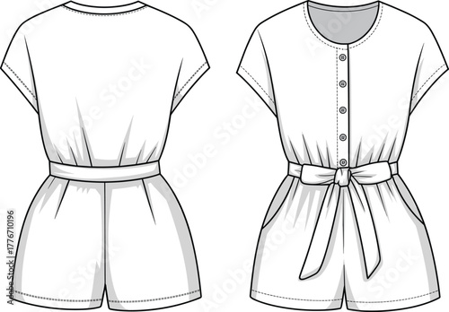 Technical fashion flat sketch of women romper, front and back view, short sleeves, round neckline, button closure, waist belt, pleated shorts