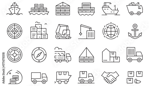 Global transport and shipping vector icons — cargo ship, truck, and warehouse line illustrations for logistics and export industry