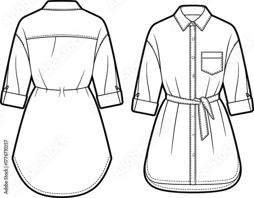 Technical fashion flat sketch of women shirt dress, front and back view, collared neckline, long sleeves, button closure, waist belt
