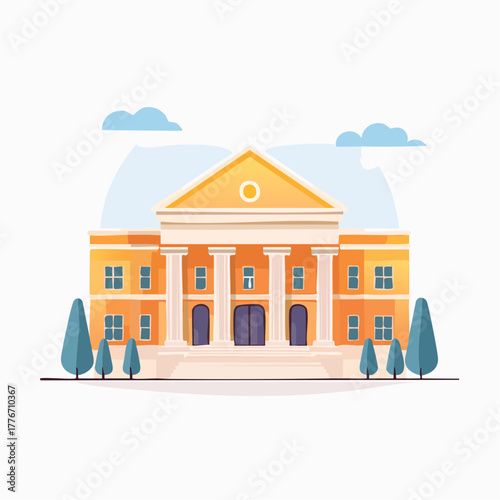 Building exterior with columns for official business - government, city council, court, banking, and more. 