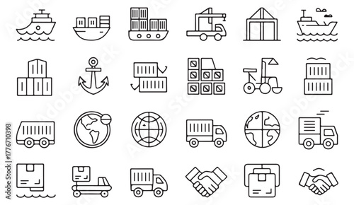 Minimalist logistics icon pack — global shipping, cargo, transport, and delivery line art illustrations for supply chain and business design