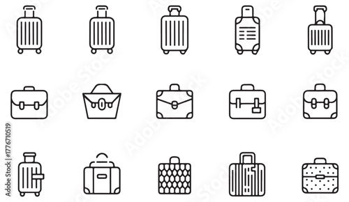 Luggage and briefcase line art set — minimalist vector illustrations of travel gear and business bags for web and print use