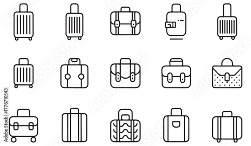 Modern travel and suitcase vector icons — clean outline illustrations of luggage and baggage for airline, journey, and trip graphics