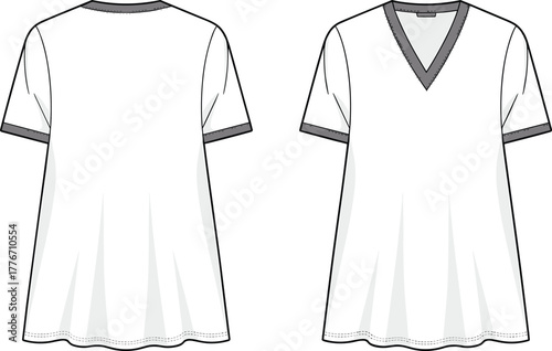Technical fashion flat sketch of women tunic top, front and back view, V neckline, short sleeves, contrast trim, flared silhouette