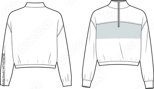 Technical flat sketch, long sleeve pullover design, fashion vector template, high collar zipper, ribbed cuffs hem, chest panel color block illustration