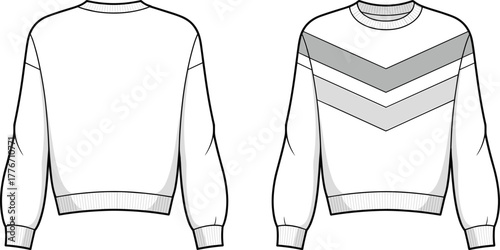 Technical flat sketch, long sleeve sweater design, crew neck ribbed cuffs, fashion vector template, chevron chest pattern, front back clothing illustration