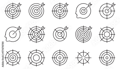 Target and focus line art icons — minimalist vector illustrations of aim, dartboard, and success symbols for business strategy design