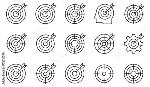Goal and achievement icon collection — modern line art of target, bullseye, and strategy symbols for marketing and leadership projects