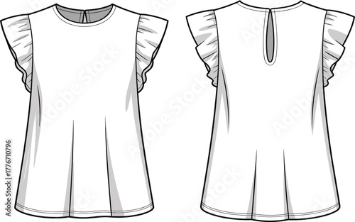 Technical flat sketch, sleeveless women top design, fashion vector template, ruffled cap sleeves, flared silhouette, keyhole back closure, elegant garment illustration