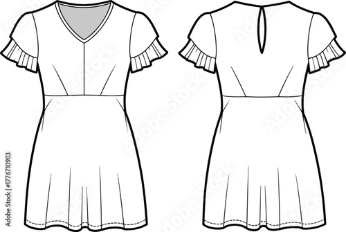 Technical flat sketch, women dress design, fashion vector template, V neckline, flutter sleeve detail, fitted bodice, A-line skirt, keyhole back illustration