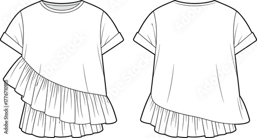 Technical flat sketch, women short sleeve top design, fashion vector template, round neckline, asymmetrical ruffle detail, rolled cuff sleeves, loose silhouette illustration
