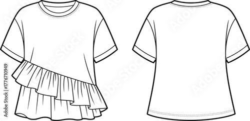 Technical flat sketch, women short sleeve top design, fashion vector template, round neckline, asymmetrical ruffle layers, cuffed sleeves, loose silhouette illustration