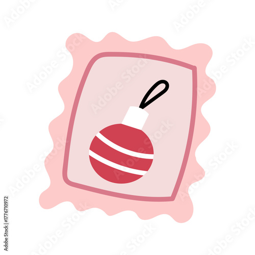 A cute pink Christmas stamp. Fun Winter illustration with Christmas tree decorations