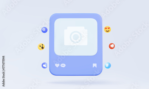 Picture photo frame social media emoji chat comment isolated on pastel background. Advertising creative content marketing via post page community technology. 3D vector illustration design