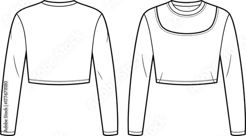 Women’s cropped top flat sketch, fashion design template, apparel vector illustration, clothing outline, garment construction drawing, long sleeve, double neckline detail