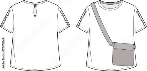 Women’s shirt flat sketch, fashion design template, apparel vector illustration, clothing outline, garment construction drawing, sleeve lacing detail, crossbody styling