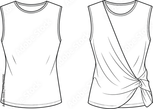 Women’s sleeveless top flat sketch, fashion design template, apparel vector illustration, clothing outline, garment construction drawing, draped side-tie detail